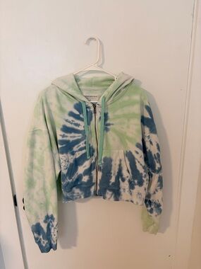 Aeropostale Women's Tie Dye Cotton Blend Cropped Full Zip Hoodie Blue Green M
